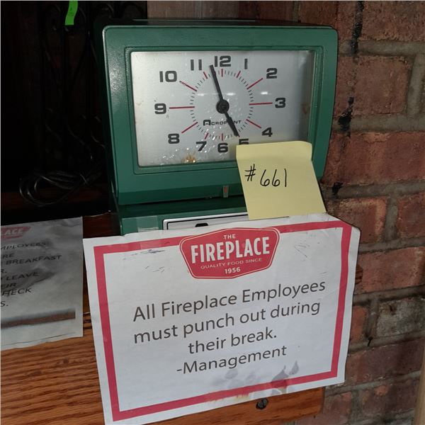 Original The Fireplace Restaurant - Vintage Acroprint Time Punch Card Machine