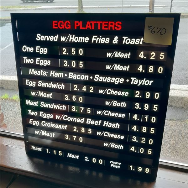 Original The Fireplace Restaurant - 1980s Era Menu Board Sign W/ Sliding Food & Price Inserts (Egg P