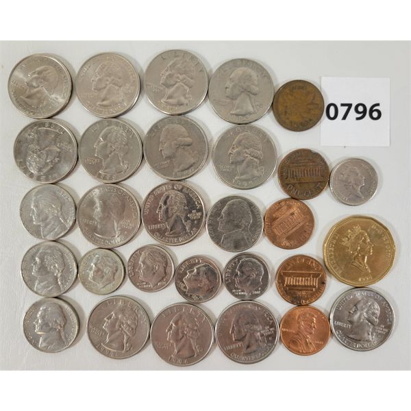 JOB LOT - CDN & U.S. COINS & CURRENCY - INCL CDN 1CENT 