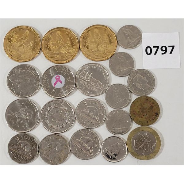 LOT OF 20 - CDN COINS INCL FRANCE FRANC & TERRY FOX $1 COINS