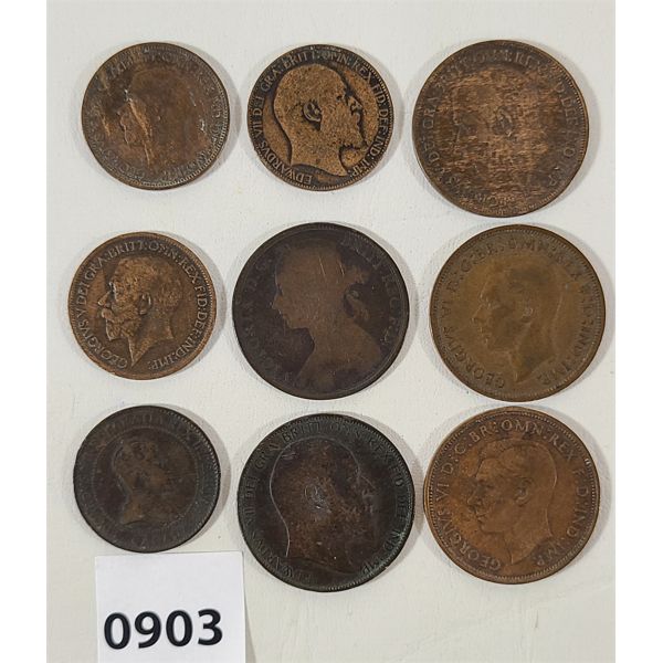 LOT OF 9 - U.K. PENNIES & HALF PENNIES - INCL 1902, 1909 & 1920 ETC