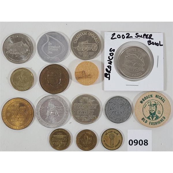 LOT OF 16 - MISC MEDALLIONS & TOKENS - INCL 2002 BRONCOS, WOODEN NICKEL & LOBLAWS COIN ETC