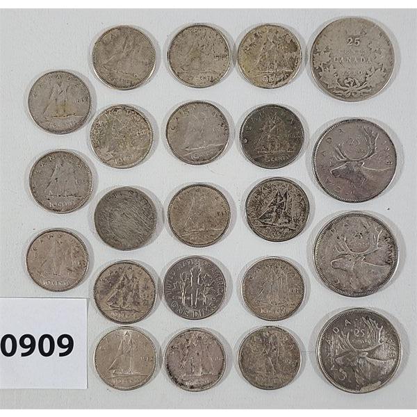 JOB LOT - CDN 5 & 25 CENT COINS - INCL 1943, 1957 & 1964 ETC