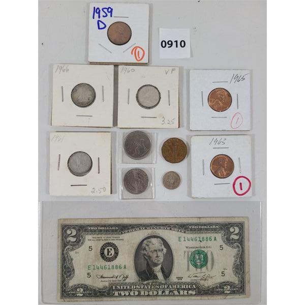 LOT OF 9 - U.S. & CDN COINS & CURRENCY - INCL 1959-1966 & 1973 ETC