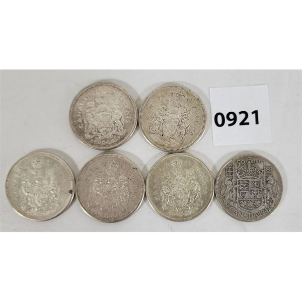 LOT OF 6 - CDN 50 CENT COINS - INCL 1943, 1960 & 1961 ETC