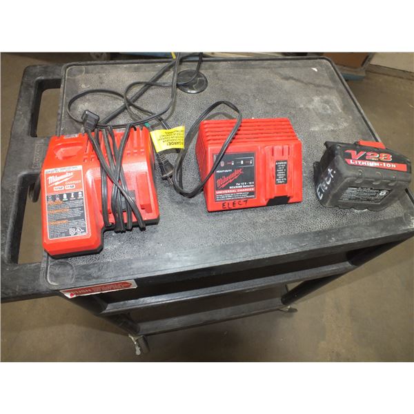2 Milwaukee Battery Chargers & 1 28 volt Battery