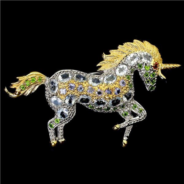 Natural Aquamarine Chrome Diopside Unicorn Brooch