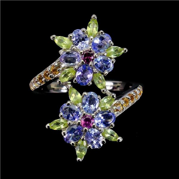 Natural Unheated Tanzanite Peridot Flower Ring