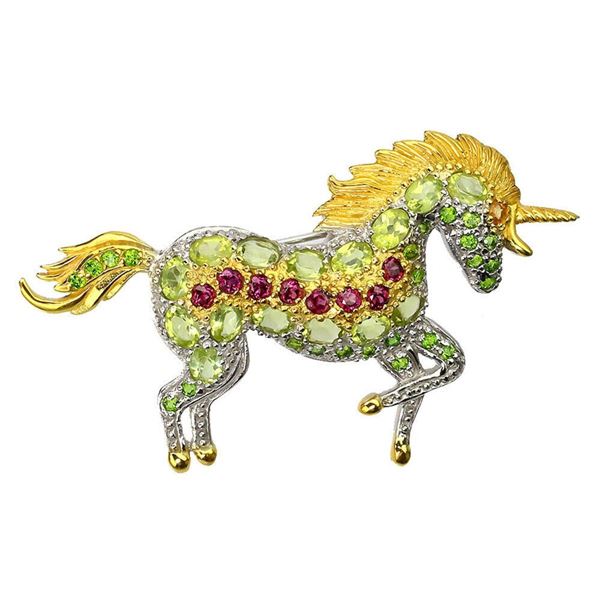 Natural Unheated Peridot & Chrome Diopside Horse Brooch