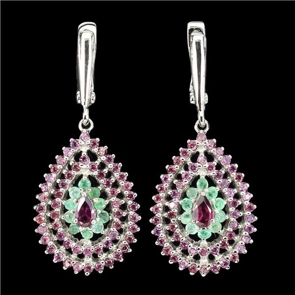 Natural Rhodolite Garnet & Colombian Emerald  Earrings