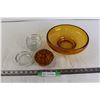 Image 1 : Amber Bowl, Amber Honeycomb Flower Holder, (4) Glass Dishes