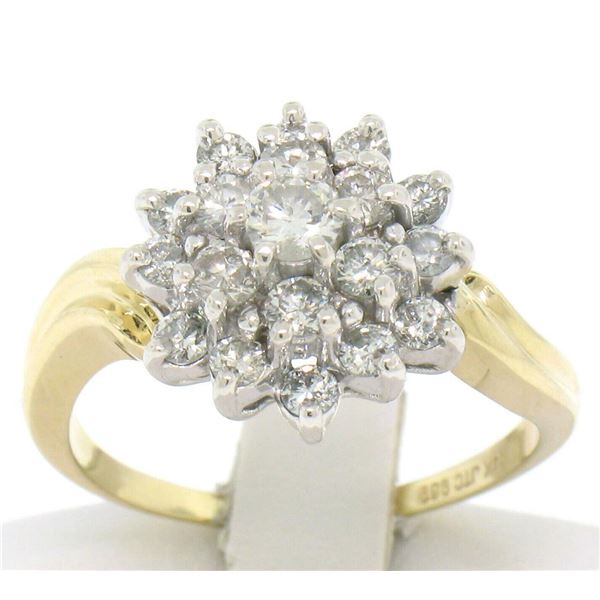 14k Two Tone Gold 1.10 ctw Round Diamond Flower Cluster Ring w/ Wavy Shank