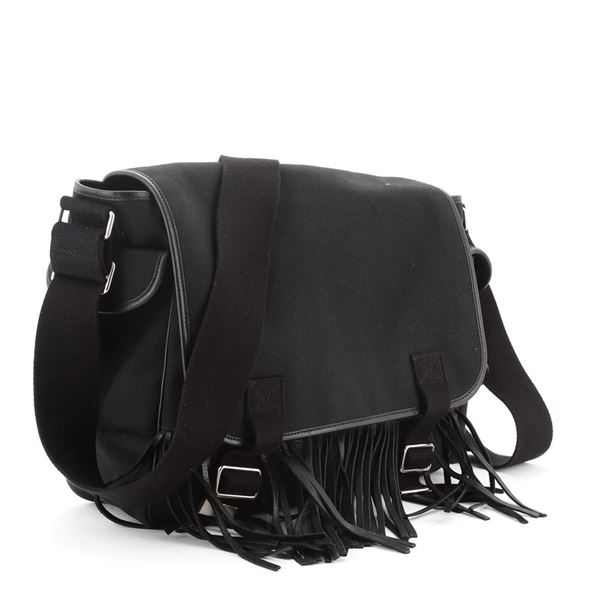 Saint Laurent YSL Fringe Flap Messenger Bag Canvas with Leather Medium Black
