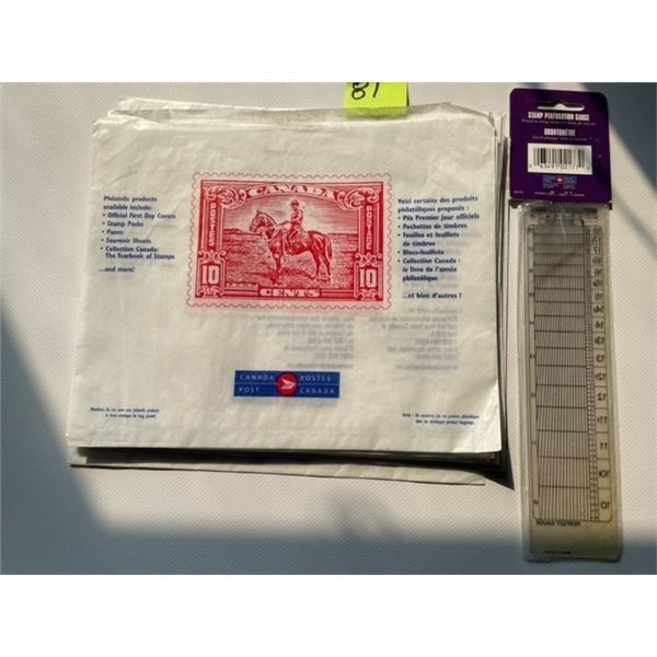 11 Canada Post bags and stamp perforation gauge