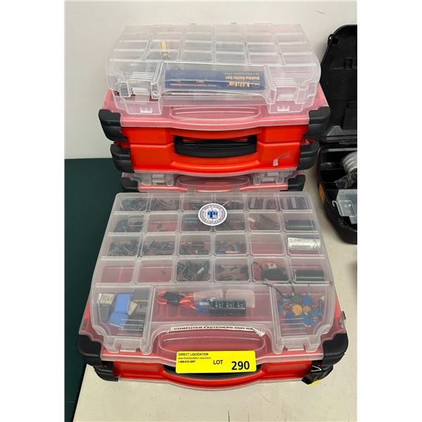 Group of 3 double side containers of computer parts, drill bits ...