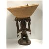 Image 1 : African carved wood stool (approx 15" tall) w/ basket of African jewelry & mini art sculptures