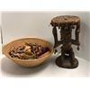 Image 2 : African carved wood stool (approx 15" tall) w/ basket of African jewelry & mini art sculptures