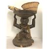 Image 1 : African Luba " female caryatid" carved wood stool (approx 18 1/2" tall) w/ basket filled with assort