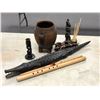 Image 1 : Group of assorted African items - includes wood jug / crocodile carving / flute etc