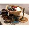 Image 1 : Basket filled w/ decorative items - includes beaded necklaces / bracelets / afro comb / seashell / b