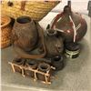 Image 2 : Group of assorted African items - includes frog basket / woven wicker baskets / African gourd etc