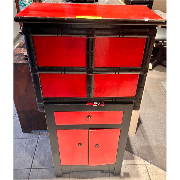 Group of 2 red Chinese cabinets - includes 2 door wooden cabinet (approx 23 1/2  W x 12  L x 17 1/2 