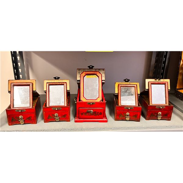 Group of 5 Chinese oriental makeup / jewelry boxes w/ mirror