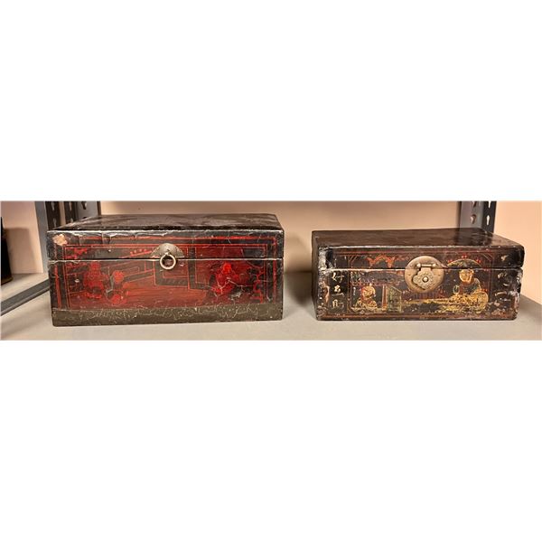 Group of 2 decorative Chinese wooden chest boxes