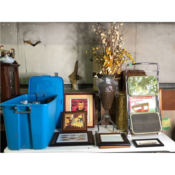 Group of assorted misc. set dec items - includes decorative framed wall hangings/ step ladder/ laund