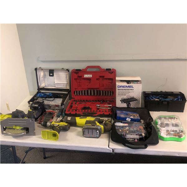 Large group of assorted tools - Ryobi saw, electric drill, socket sets, screwdrivers, Dremel shaver,