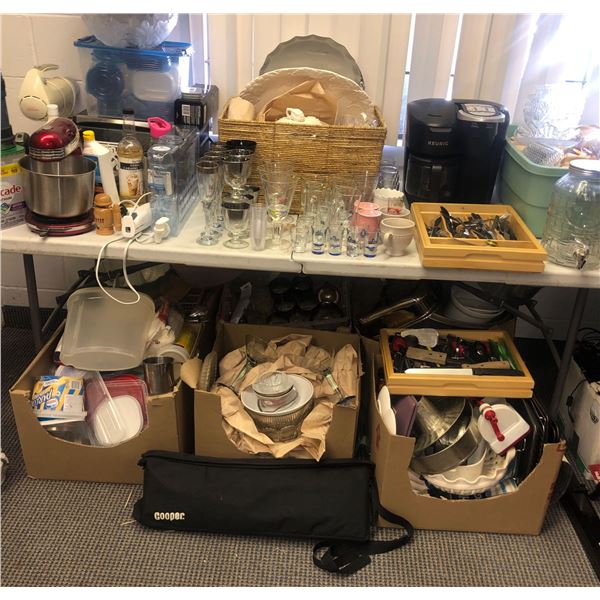 Tabletop & bottom full of misc. kitchenware - glasses, mixer, toaster, food storage boxes, Keurig co
