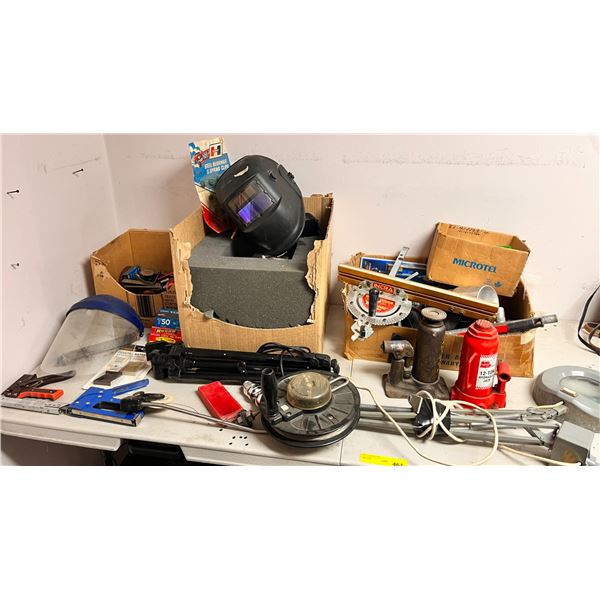 Large group of misc items, 12-ton hydraulic jack, welding helmet, downrigger w/line, tripod, Miter 1