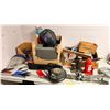 Image 1 : Large group of misc items, 12-ton hydraulic jack, welding helmet, downrigger w/line, tripod, Miter 1