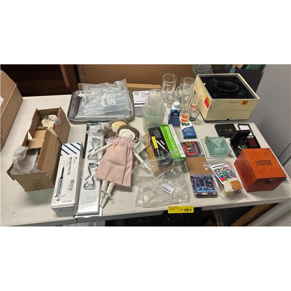 Group of misc items including - disposable scalpels, glasses, Dexter box, micropipette, coasters, et