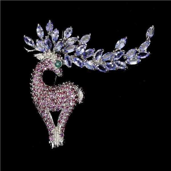Natural Tanzanite Emerald Rhodolite Deer Brooch