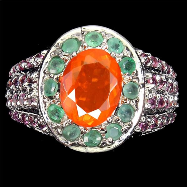 Natural Orange Opal & Colombian Emerald  Ring