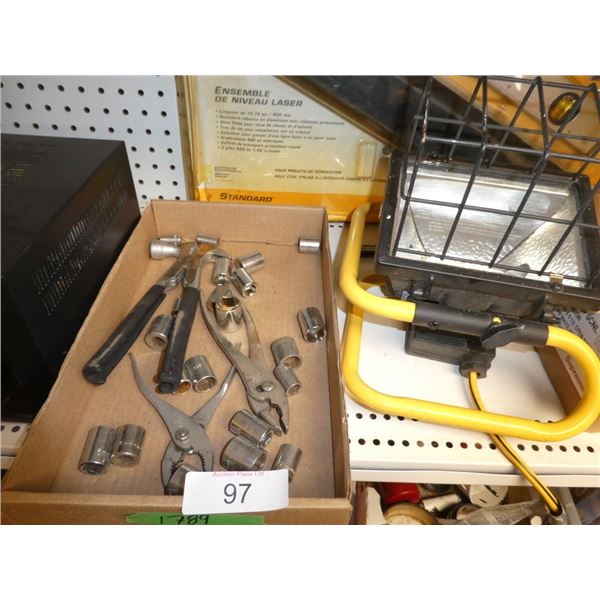 work light, pliers, sockets