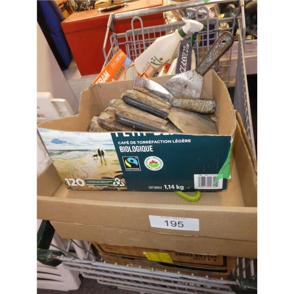 putty knives, filter, bottle, silicone, scissors,