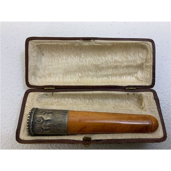 ANTIQUE SILVER AND AMBER CIGARETTE CIGAR HOLDER