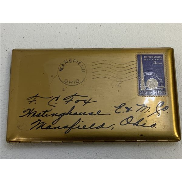 ANTIQUE BRASS CIGARETTE CASE MADE LIKE AN LETTER ENVELOPE 1939 DATE ON THE STAMP