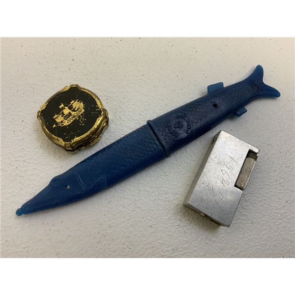 LOT OF VINTAGE USSR MADE COLLECTABLES LIGHTER , KNIFE , TRAVEL ASHTRAY