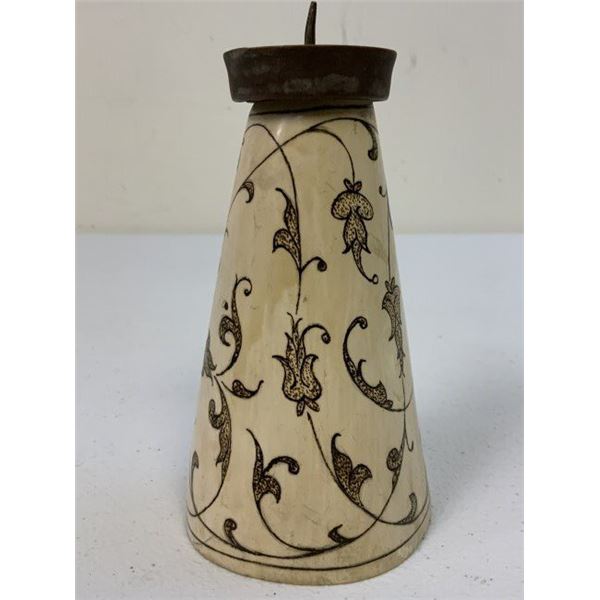 ANTIQUE DECORATED CARVED MAMMOTH BONE CANDLE HOLDER