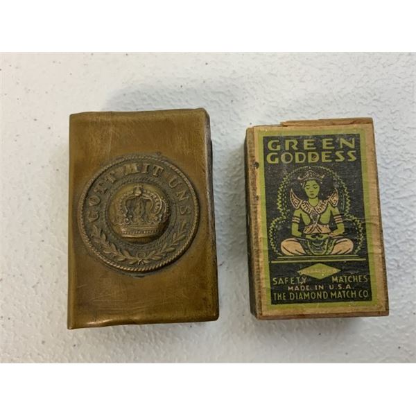 WWI GERMAN GOTT MIT UNS BRASS MATCH COVER WITH BOX OF MATCHES
