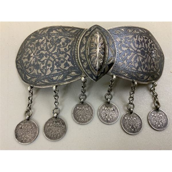 IMPERIAL RUSSIAN CAUCASIAN MADE SILVER NIELLO BUCKLE WITH SILVER COINS