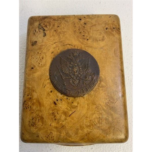 ANTIQUE RUSSIAN KARELIAN BIRCH CIGARETTE CASE DECORATED WITH COINS OF CATHERINE THE GREAT