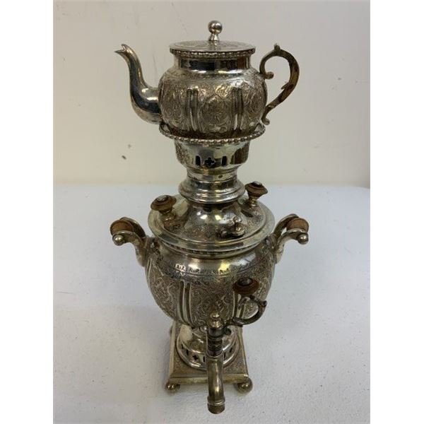 ANTIQUE IMPERIAL RUSSIAN SMAL SOLID SILVER SAMOVAR TEA KETTLE AND TEA POT