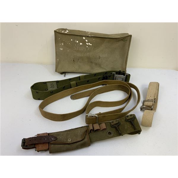 WWII AND LATER LOT OF US WEB CARRY AND PISTOL BELTS AND BAG