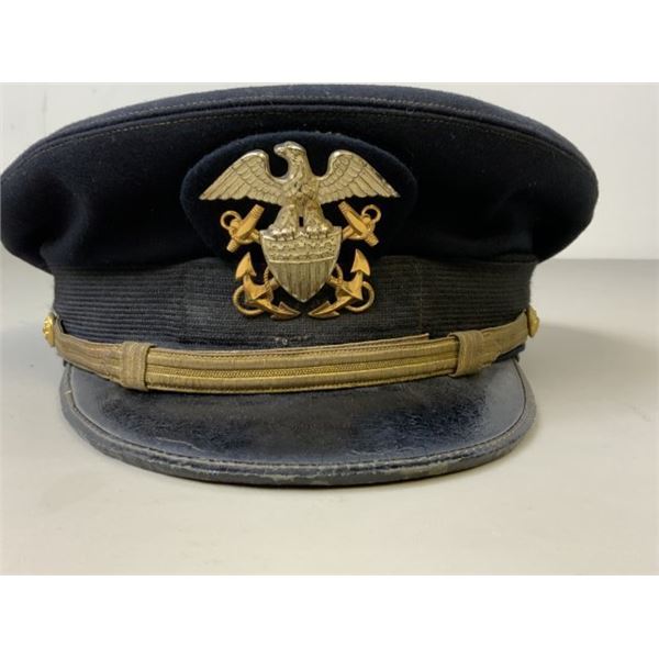 WWII US NAVY OFFICER BLUE VISOR CAP NAMED