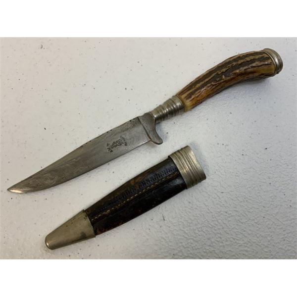 THIRD REICH GERMANY SMALL FIGTHING KNIFE BY ANTON WINGEN IN LEATHER SHEET