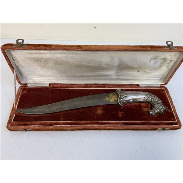 ANTIQUE INDO PERSIAN DAMASCUS STEEL BLADE HORSE HEAD GRIP DAGGER IN THE BOX